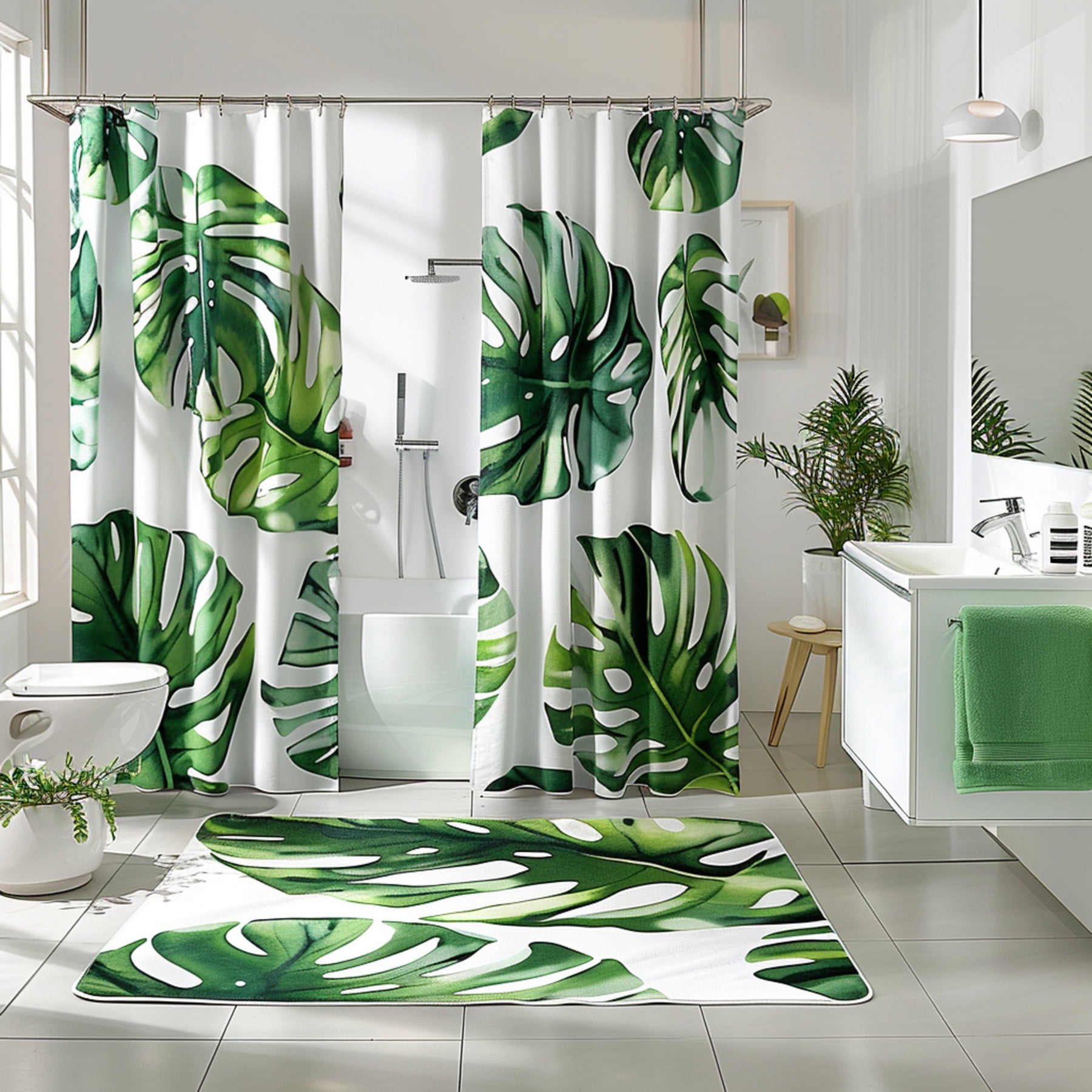 Paradise Found: Tropical Leaves Bathroom Set Shower Curtain White ...