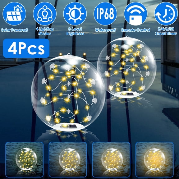 TeqHome 4 Pcs Solar Floating Pool Lights 14in IP68 Waterproof Inflatable Solar Powered Pool Balls Decoration with Remote Control Adjustable Brightness 3 Light Modes Timer