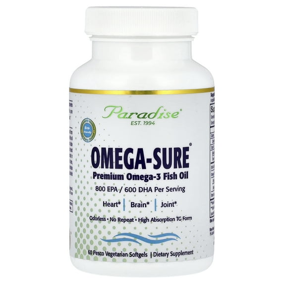 Paradise Herbs Omega-Sure®, Premium Omega-3 Fish Oil, 60 Pesco Vegetarian Softgels