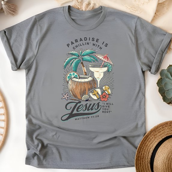 Paradise Is Chillin’ with Jesus T-Shirt – Matthew 11:28 Bible Verse Summer Tee, Graphite Heather, Size L