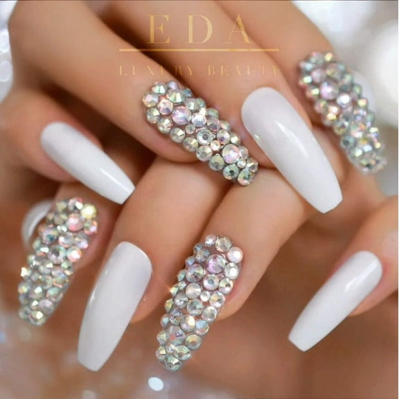 White 3D Crystal Press On Nails, Extra Long Ballerina Rhinestones Fake Nails Set, Paradise Kiss
