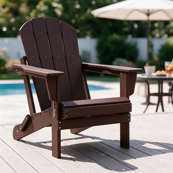 CostaElm Folding Adirondack Chair, All-Weather & Space-Saving HDPE Chair for Patio, Poolside, Deck & Graden, Dark Brown