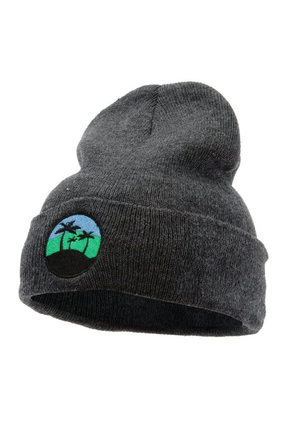 Paradise Palm Trees Embroidered 12 Inch Long Knitted Beanie - Heather Charcoal OSFM