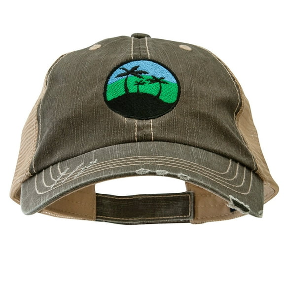 Paradise Palm Trees Embroidered Low Profile Special Cotton Mesh Cap - Brown Khaki OSFM
