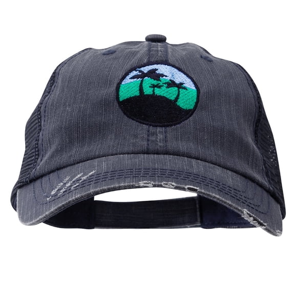 Paradise Palm Trees Embroidered Low Profile Special Cotton Mesh Cap - Navy OSFM