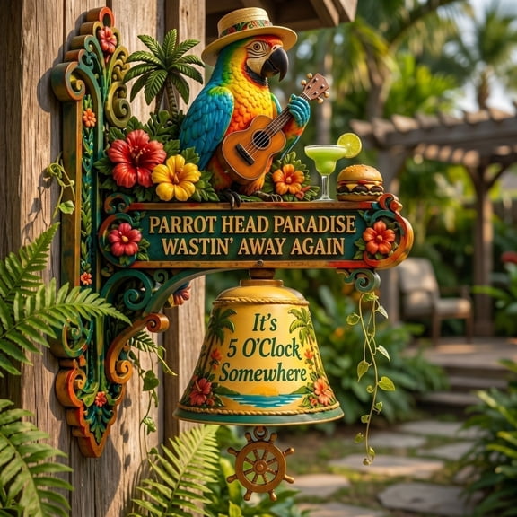 Paradise Parrot Head Paradise Wastin Away Again,Bar Decor, Beach Wall Decor for Tiki Space, Home Sign Wall Decor, Tiki Bar Decorations for Party, 10 Inch Parrot Doorbell Hanging Ornament