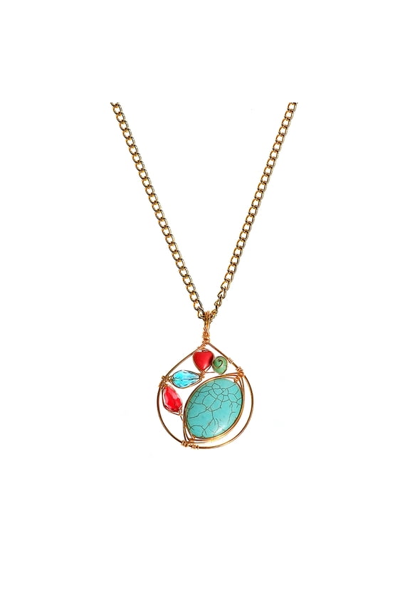 Paradise Petal Turquoise and Coral Chain Brass Medallion Necklace