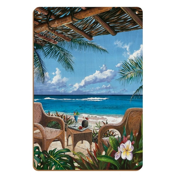 Paradise Porch - Hawaiian Ocean View - From an Original Color Painting by Scott Westmoreland - 8 x 12 inch Vintage Wood Art Sign