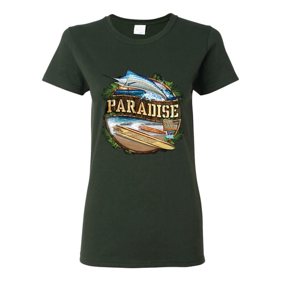 Paradise Surf Shack Marlin Pop Culture Womens Graphic T-Shirt, Forest Green, X-Large