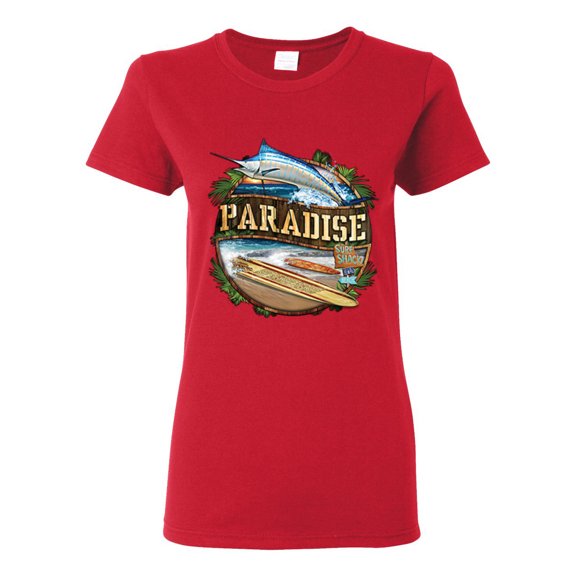 Paradise Surf Shack Marlin Pop Culture Womens Graphic T-Shirt, Red, X-Large