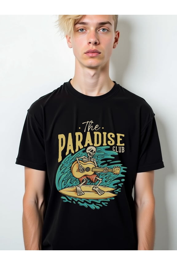 Paradise Surfing Skeleton Tee Men t shirt black elegantly funny Unique designs, summer prints Classic Unisex Shirt Cotton tshirts