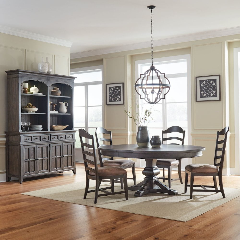 Saddle Brown 5-Piece Pedestal Dining Table Set with Upholstered Chairs