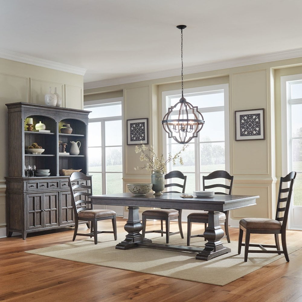 Saddle Brown 5-Piece Trestle Dining Table Set with Upholstered Chairs