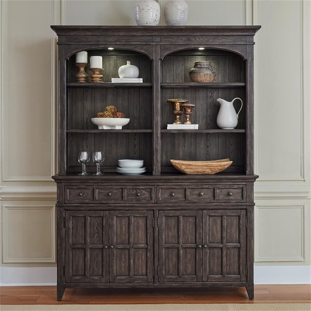 Saddle Brown Lighted Traditional China Cabinet with Drawers