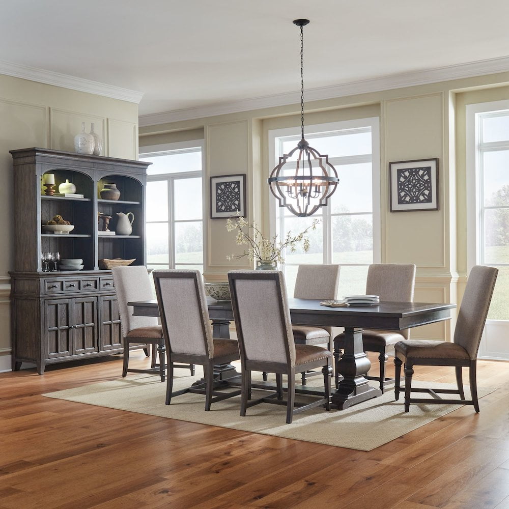 Saddle Brown 7-Piece Trestle Dining Table Set with Upholstered Chairs