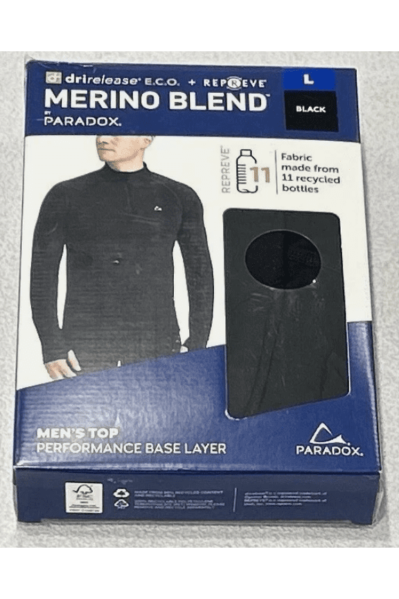 Men's Merino Blend Drirelease Performance Base Layer Top Black Size L