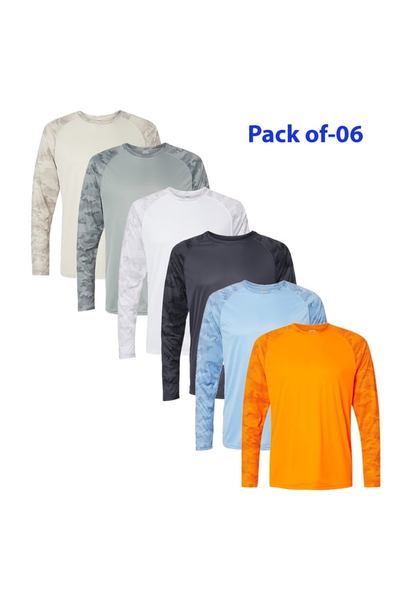 Paragon Cayman Performance Camo Colorblocked Long Sleeve T-Shirt | Men's Long Sleeve Tee Shirt | Bulk Mix Color Tee | Pack of 6 - Size XL
