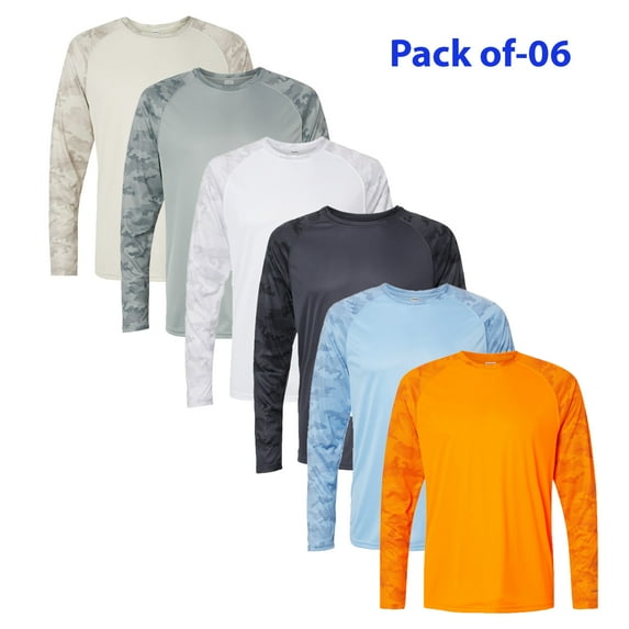 Paragon Cayman Performance Camo Colorblocked Long Sleeve T-Shirt | Men's Long Sleeve Tee Shirt | Bulk Mix Color Tee | Pack of 6 - Size XS