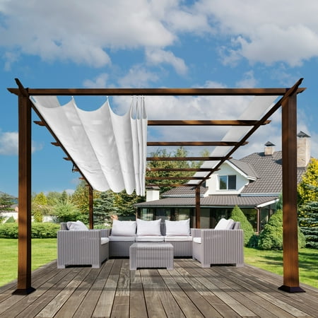 Paragon Outdoor 11' x 11' Florence Aluminum Pergola in Chilean Ipe Wood Grain Finish with Crème Convertible Canopy