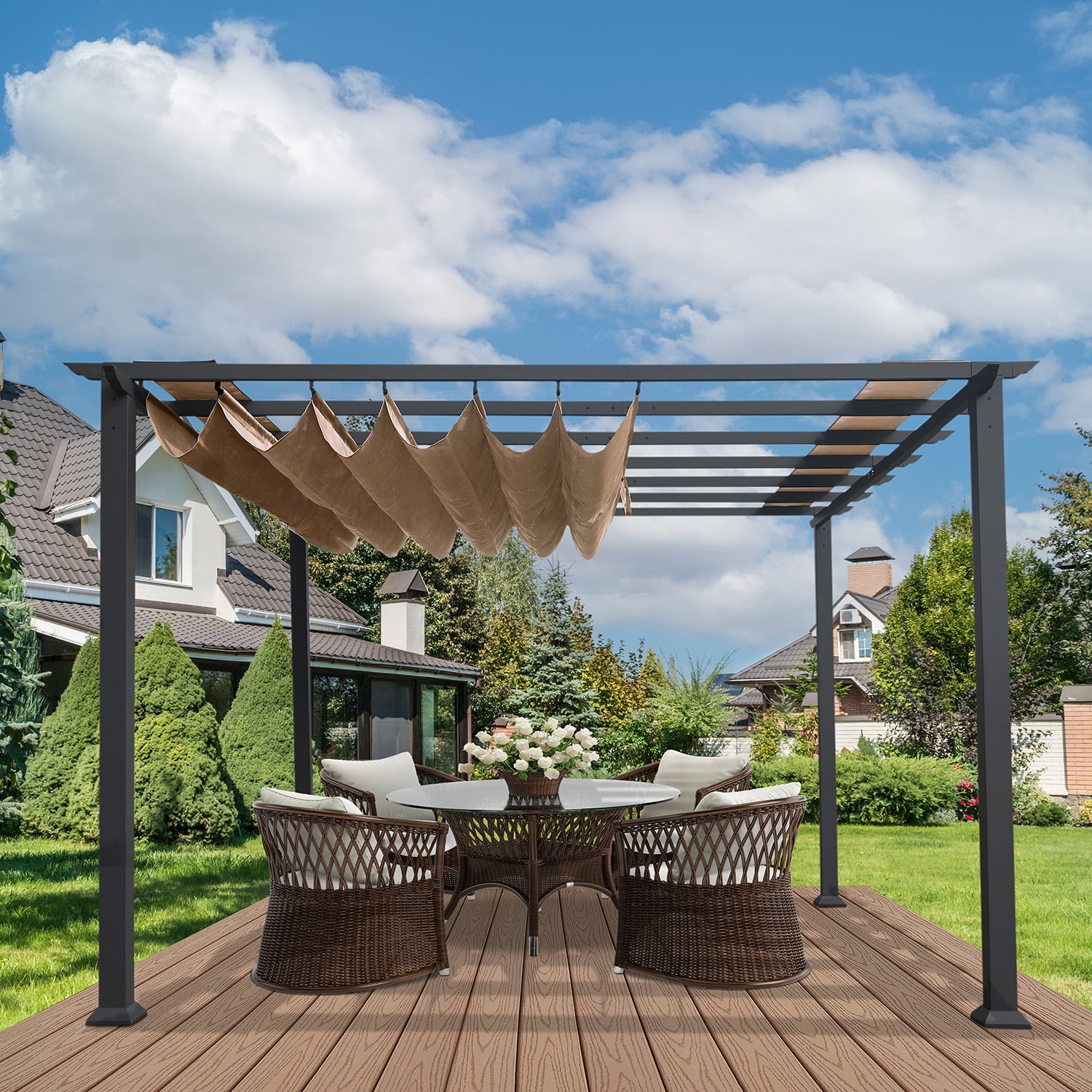 Florence Gray Aluminum Pergola with Cocoa Adjustable Canopy, 11' x 11'