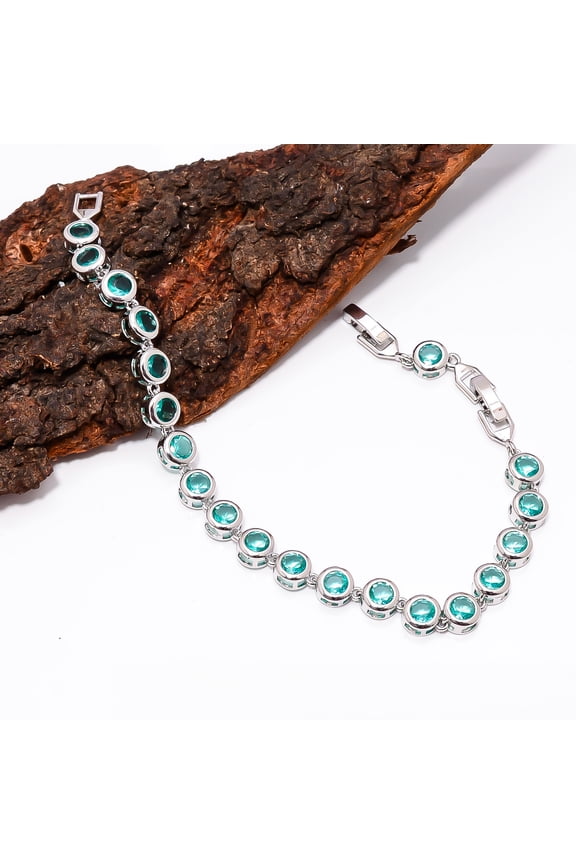 Paraiba Tourmaline 925 Sterling Silver Adjustable Tennis Bracelet 7-8" B126940, Tourmaline Bracelet, Blue Bracelet, Round Bracelet