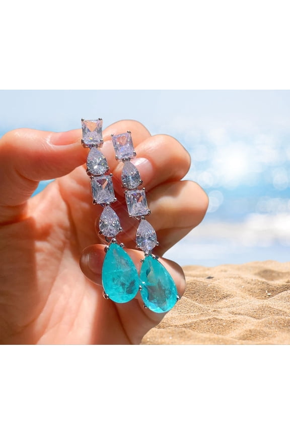 Paraiba Tourmaline Blue Tear Drop Earrings, Unique Neon Blue Paraiba Weddin