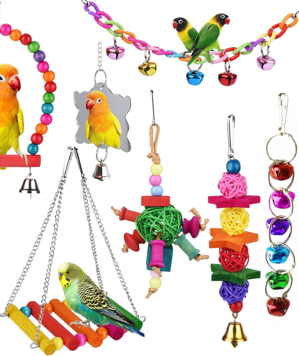 Parakeet Cockatiel Bird Toys, Parrots Cage Accessories Swing Wooden Perch Chewing Toy for Budgerigar, Conures, Love Birds, Finches, Budgies