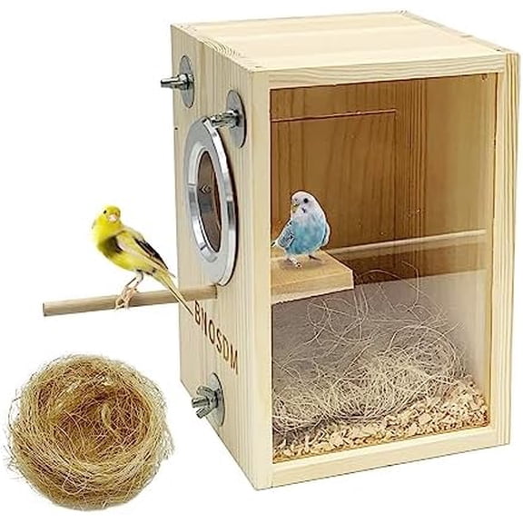 Parakeet Nesting Box Transparent Bird Breeding Nest Boxes Natural Wood Bird Cage (S)