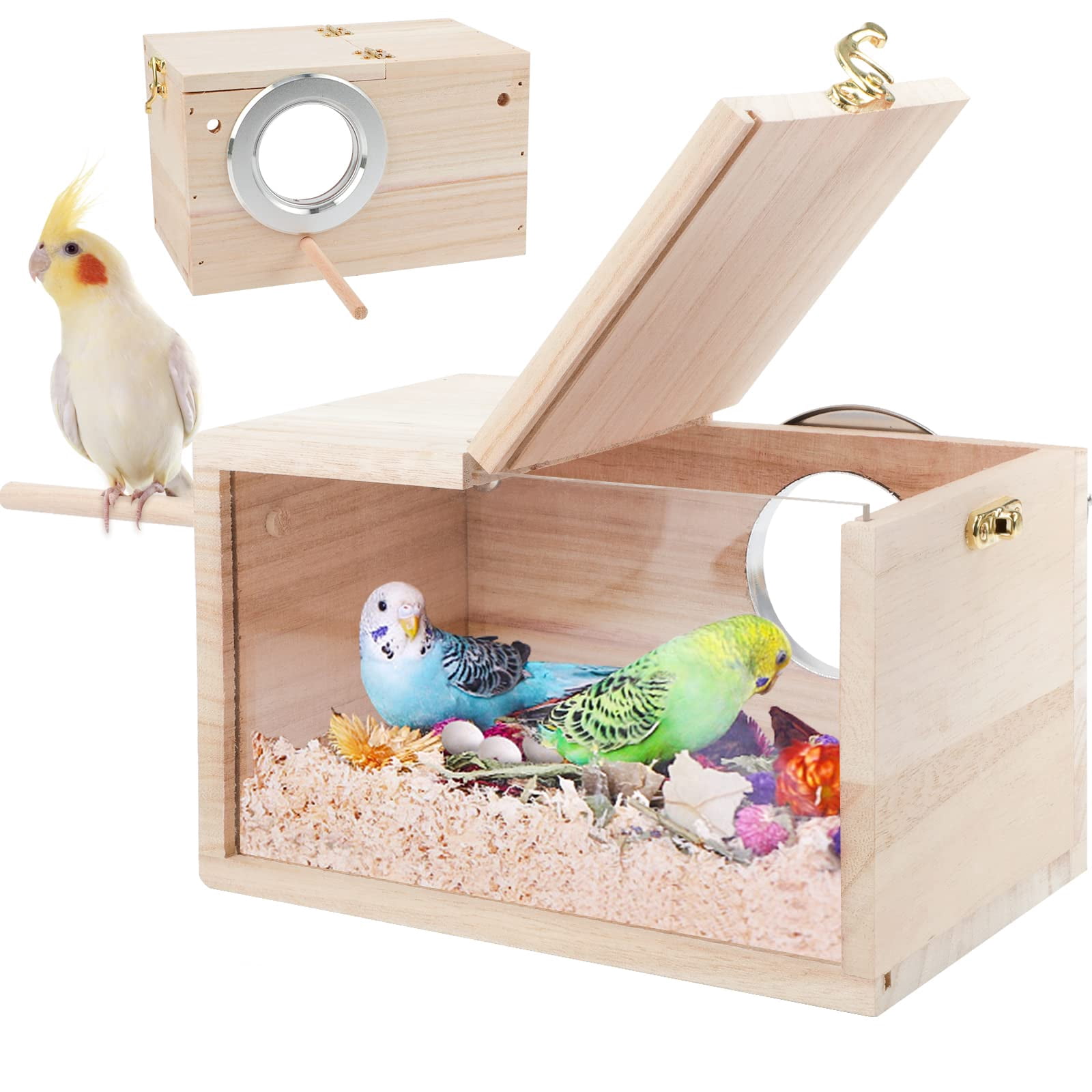 Parakeet Nesting Box Transparent Design, Bird Nest Breeding Box with Wood Bird Cage House for Cockatiel Lovebirds Finch Parrotlets Canary （12*12*19.5）