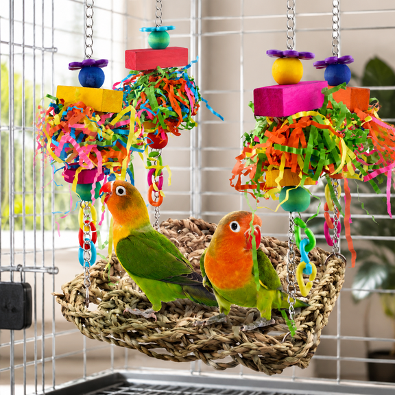 Parakeet Toys, Bird Toys, Bird Cage Accessories, Bird Playground, Bird Platform, Natural Woven Grass Bird Swing with Colorful Chewing Toys, Hanging Resting Climbing Perch for Small & Medium Parrots