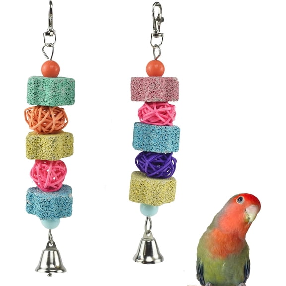 Parakeets Parrot Chewing Toy, Bird Beak Grinding Stone Lava Calcium Blocks, Hanging Cage Nail Trimmer with Bell Rattan Balls
