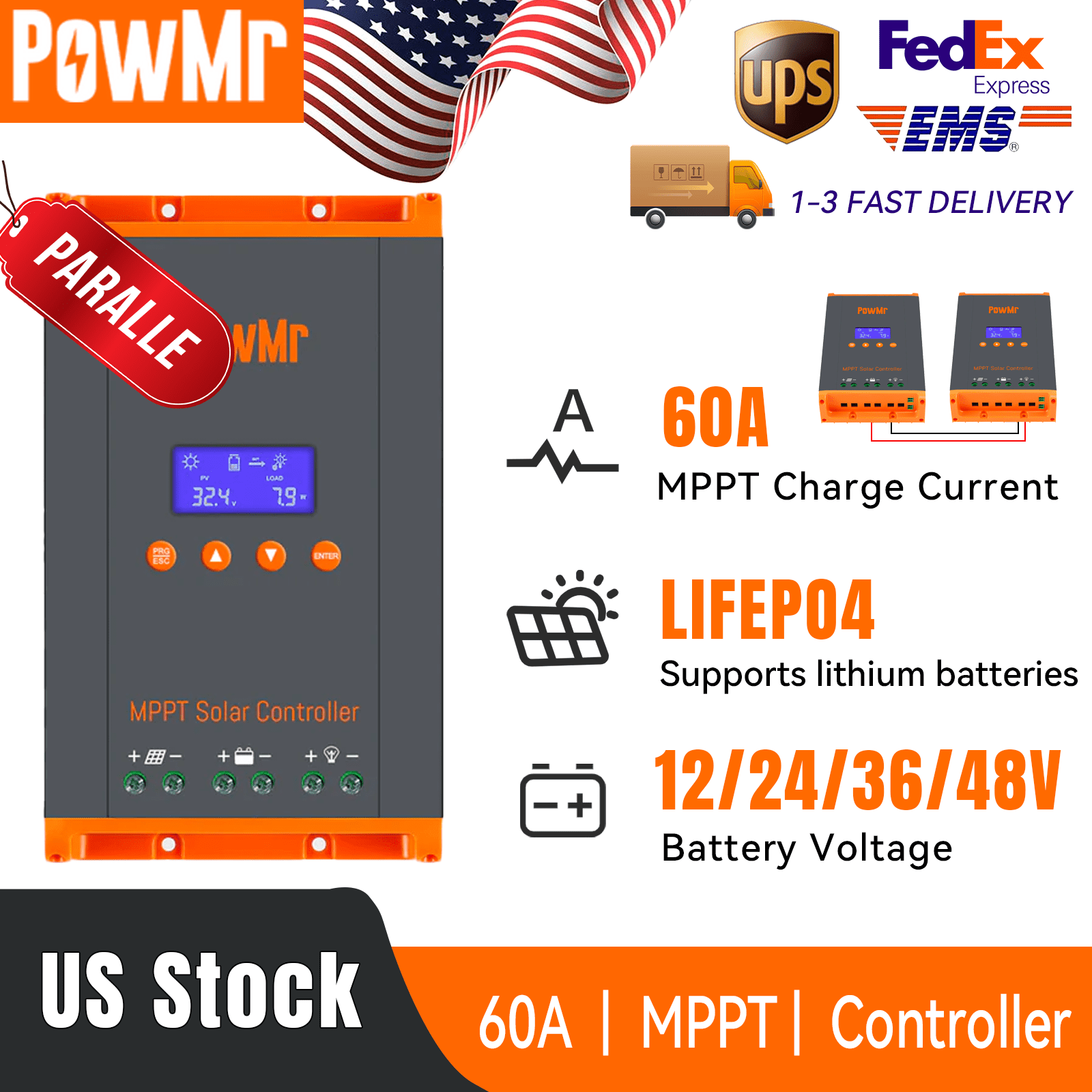 Parallel 12 PowMr 60A MPPT Solar Charge Controller 12V 24V 36V 48V MAX PV160v