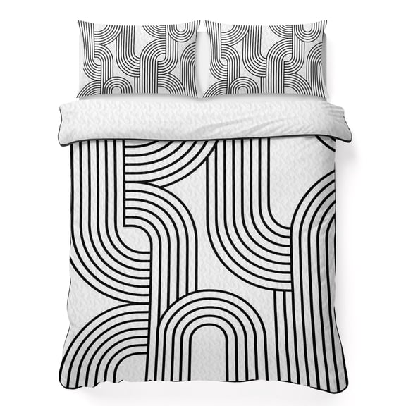 Parallel Arch Lines Twin Quilt Bedding Set, Modern Abstract Minimalist Linear Black Stripe Lightweight Comforter with 2 Pillow Shams Bedroom Bedspread Set Home Decor for All Seasons