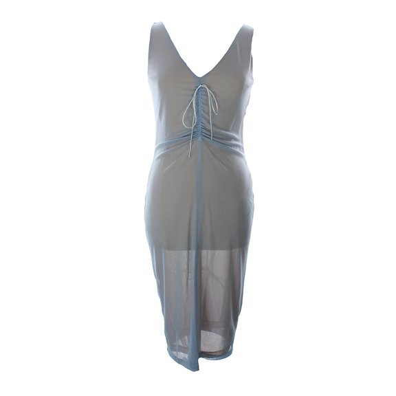 Parallel Blue Sleeveless Ruched-Front Sheer Sheath Dress S