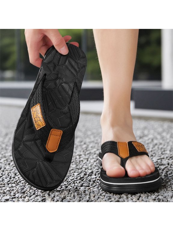 Parallel Braided Strap Flip Flops Leather Label Decor Rugged Anti-Slip Outsole Outdoor Driving Footwear