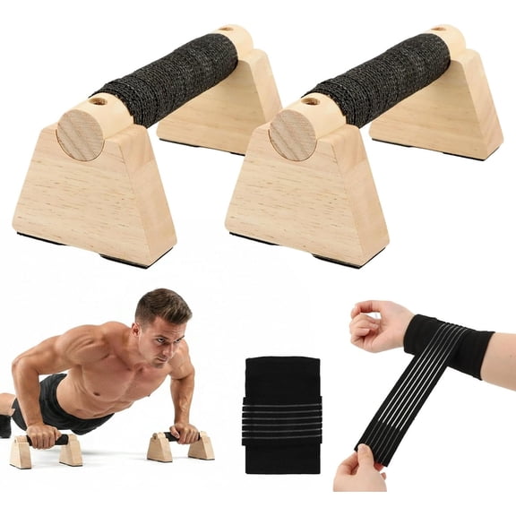 Parallettes Bars Push Up Stand, Wooden Calisthenics Equipment Set with Wrist Wraps, Handstand Trainer Push Up Handles for Men Gym with Non-Slip Base