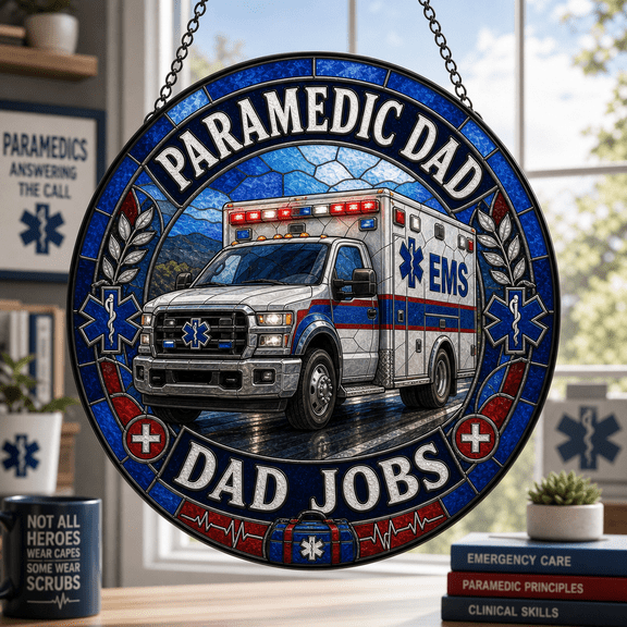 Paramedic Dad Stained Glass Suncatcher, EMS Dad Jobs Window Hanging Gift