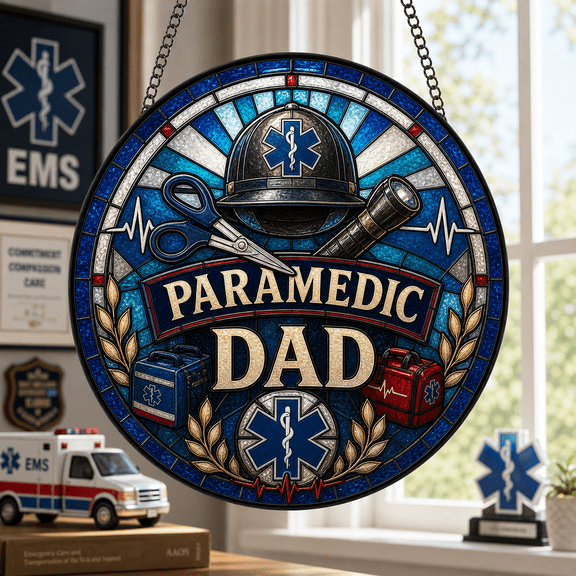 Paramedic Dad Stained Glass Suncatcher Window Hanging Gift for EMS Father