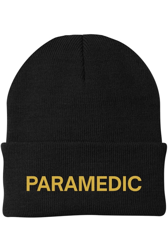 Paramedic Embroidered Beanie Hat | 100% Acrylic Winter Knit Cap for Emergency Medical Services First Responders (Black/Gold)