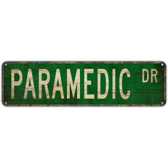 Paramedic Retro Metal Street Sign Green Avenue Style 4 x 16 Inch Firefighter Home Office Decor