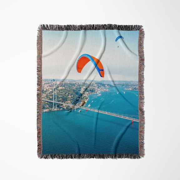 Paramotors Pilots Flying Over Bosphorus And Bridge, Istanbul, Turkey, Woven Blanket