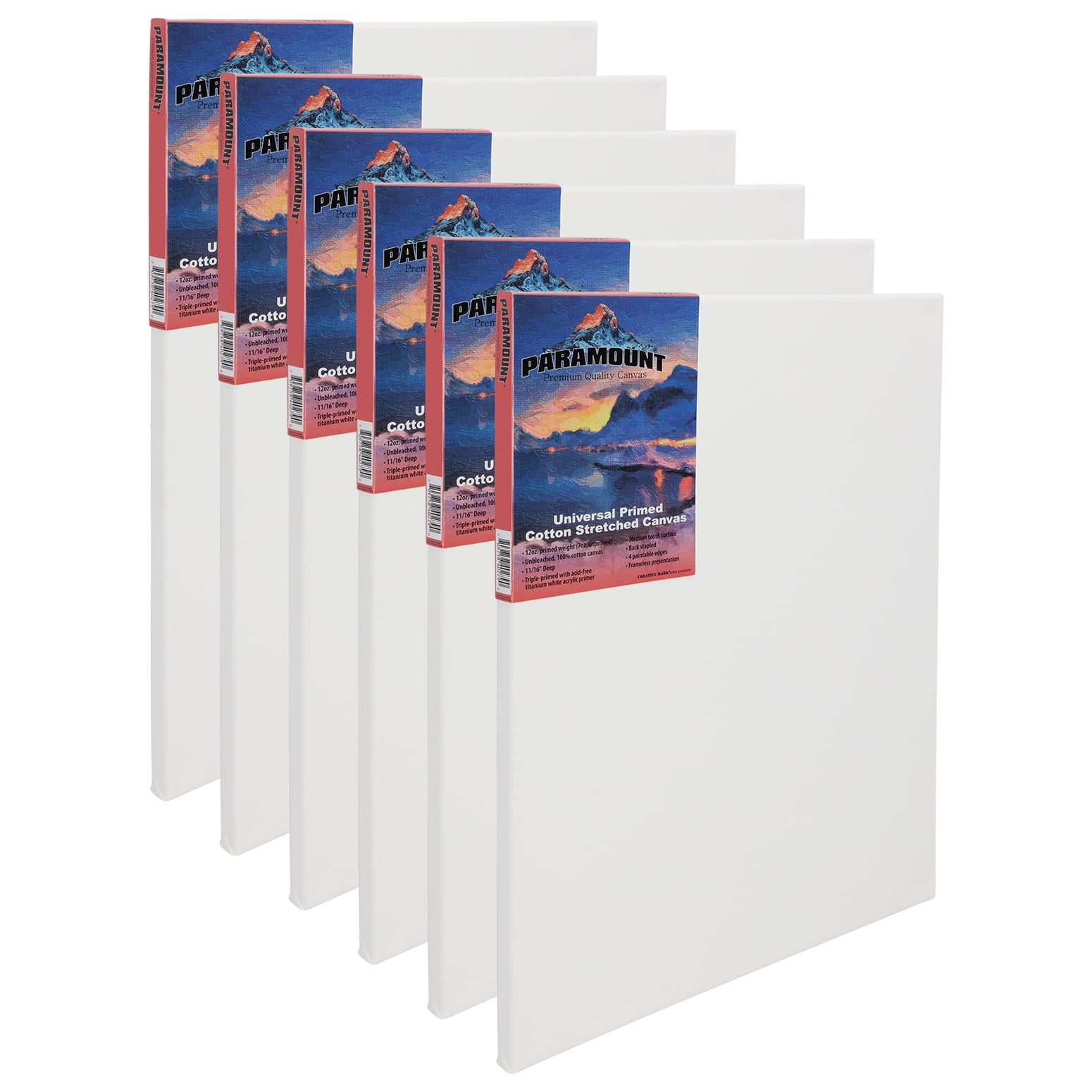 Paramount Canvas for Painting - Pack of 6, 12x16" White Canvases- 11/16" 100% Cotton Stretched Canvas, Triple-Primed for All Media, Medium Tooth, Back-Stapled, 12oz Primed Weight, Wood Stretcher Bars