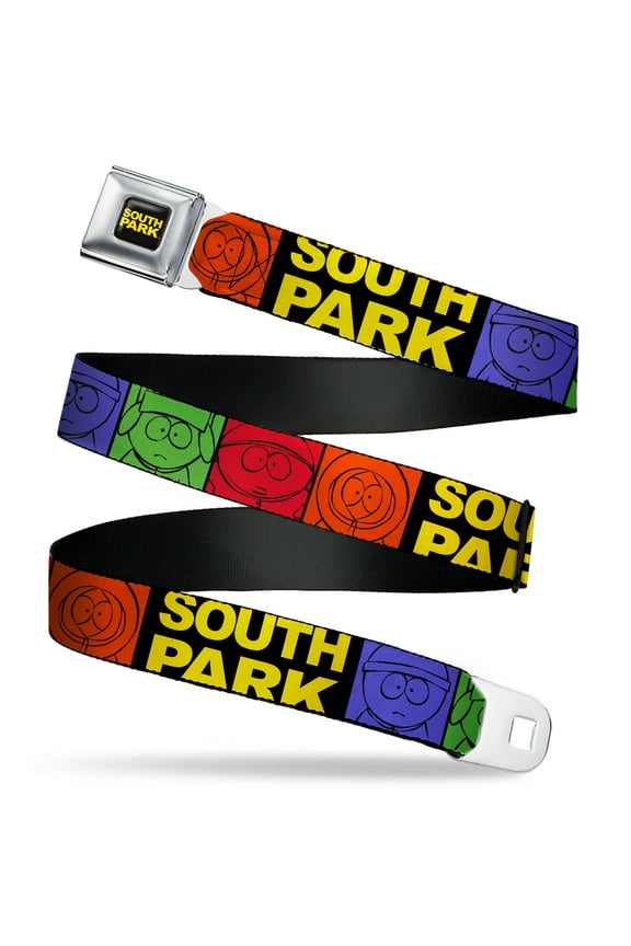 Paramount Network Belt, Seatbelt Buckle Belt, South Park Boys Face Drawing and Title Logo Color Block Multi, Youth 22 to 32 Inches