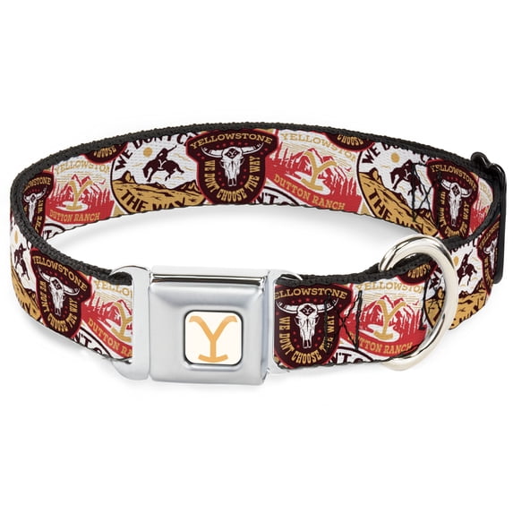 Paramount Network Pet Collar, Dog Collar Metal Seatbelt Buckle, Yellowstone Patches Stacked Browns Reds Yellows, 15 to 24 Inches 1.0 Inch Wide
