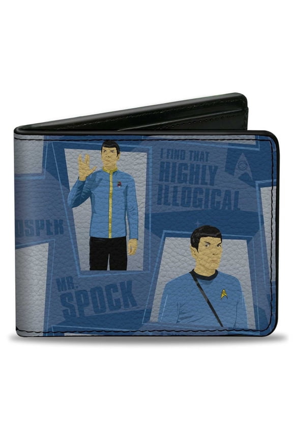 Paramount Network Wallet, Bifold, Classic Star Trek Spock Poses and Quotes Collage Blues, Vegan Leather
