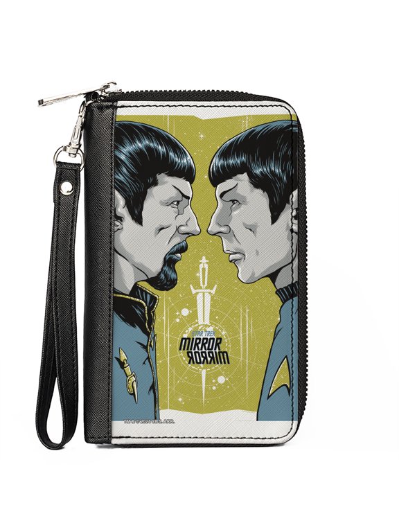Paramount Network Wallet, Zip Around, Classic Star Trek Mirror Mirror Spock Characters Greens Blues, Vegan Leather