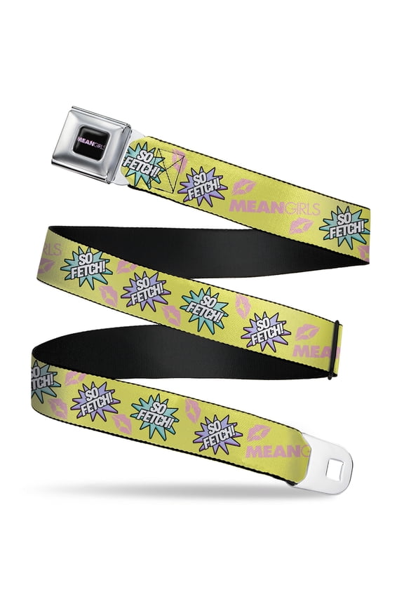 Paramount Pictures Belt, Seatbelt Buckle Belt, Mean Girls Title Logo So Fetch Quote Collage Yellow Pink Blue, Youth 22 to 32 Inches