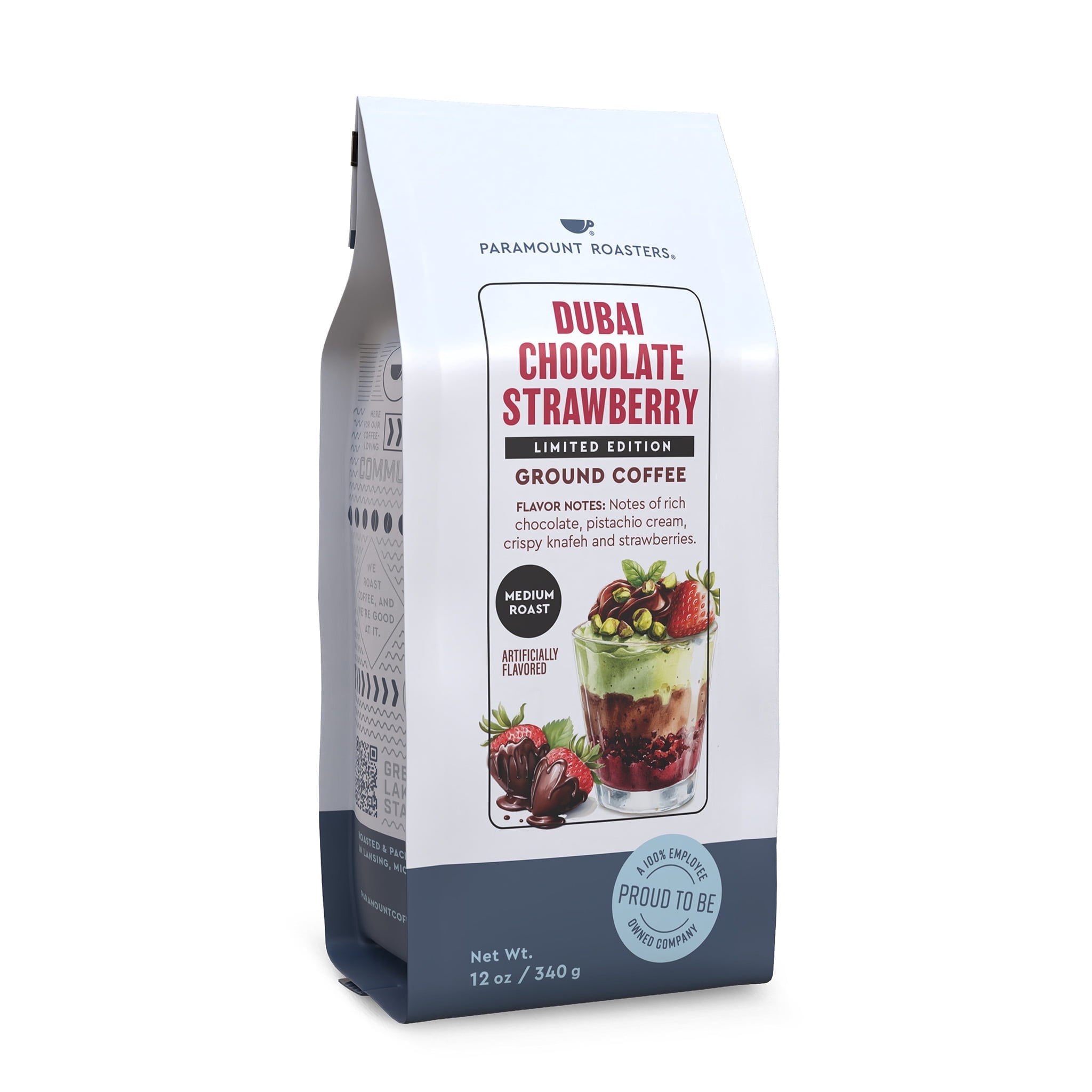Paramount Roasters Limited Edition Dubai Chocolate Strawberry Flavored Ground Coffee, 12oz Bag – Strawberry, Pistachio & Chocolate Medium Roast