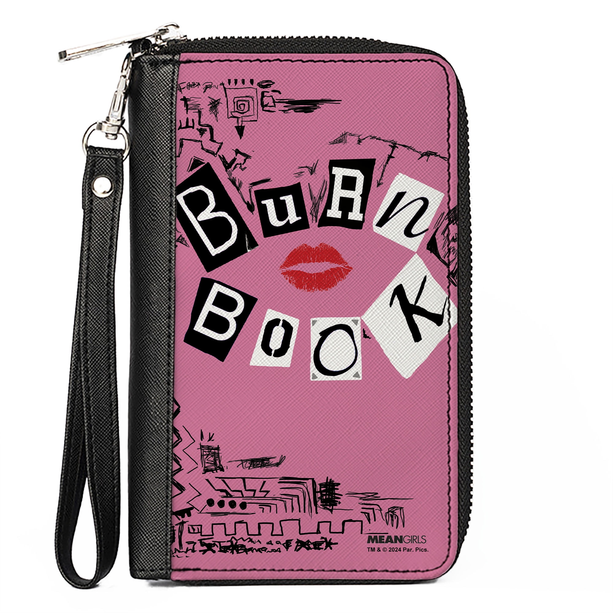 BUCKLE-DOWN Paramount Wallet, Zip Around, Mean Girls Burn Book Cover Doodles Pink, Vegan Leather