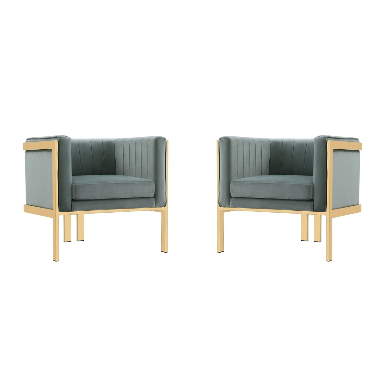 Set of 2 Gray Velvet Barrel Accent Chairs with Metal Frame